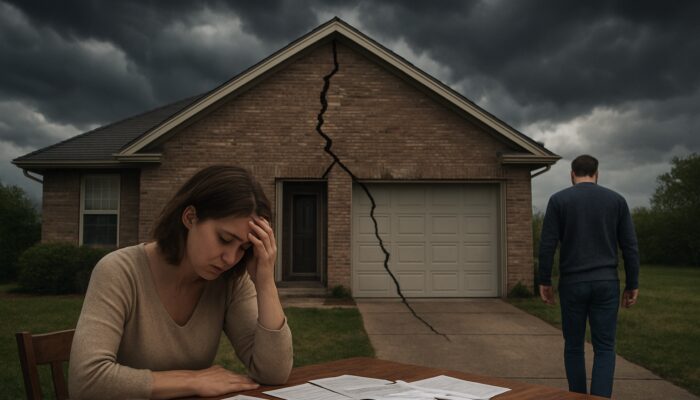 Cracking suburban home as partner walks away from scattered mortgage bills under stormy skies.