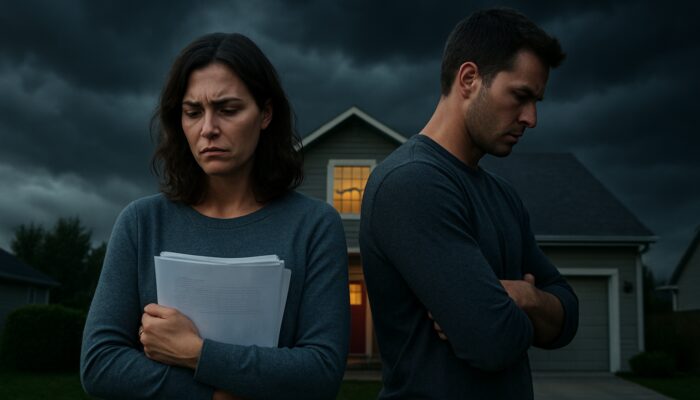 Tense couple with mortgage documents outside suburban home under looming storm clouds at twilight.