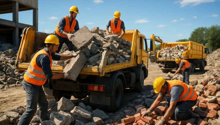 Workers loading broken concrete slabs and red bricks into affordable disposal trucks at sunny yard.