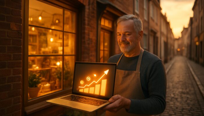 Dorchester small business owner viewing upward growth charts and social media on laptop in cozy shop.