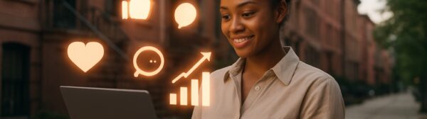 Small business owner in Dorchester using glowing laptop with floating digital marketing icons and growth arrows