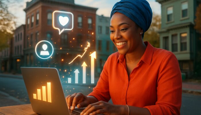 Dorchester small business owner using laptop for social media ads and analytics with growth icons