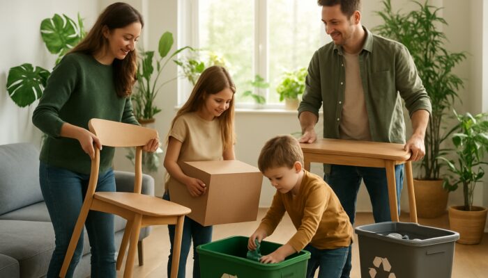 British family sorting recyclables and furniture in sunlit eco-friendly home with plants and bins
