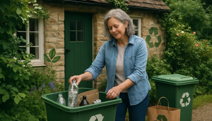 British homeowner sorting recyclables outside cozy cottage amid lush greenery with recycling symbols.