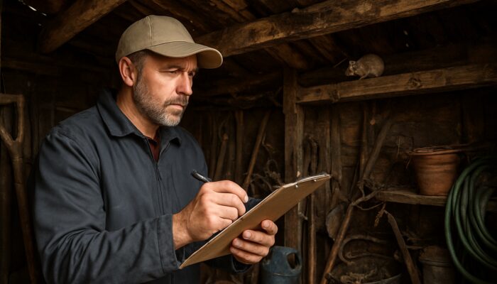 Person inspecting cluttered UK garden shed for wood rot, leaks, rodents and pests while noting inventory.