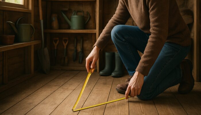 Person measuring rustic UK garden shed floor with tape measure amid organized seasonal storage shelves