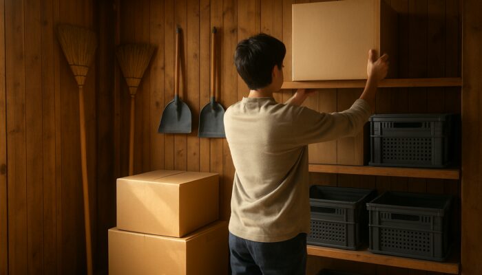 Person organizing cluttered wooden shed with brooms, boxes, and labeled stackable crates in sunlight