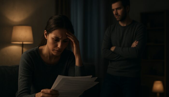 Worried couple reviewing overdue mortgage papers in dimly lit room, showing financial and relationship strain.