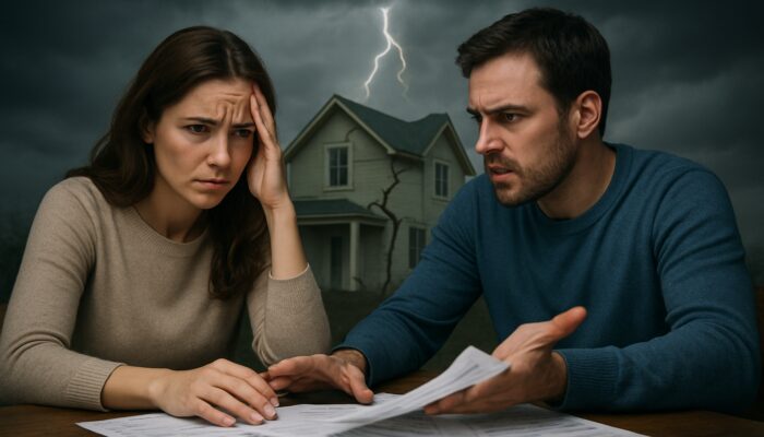 Tense couple at table with mortgage papers, one pushing bills away as home cracks under stormy skies