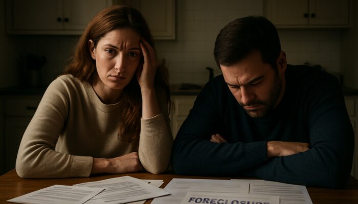 Stressed couple at kitchen table ignoring scattered mortgage bills and foreclosure notice.