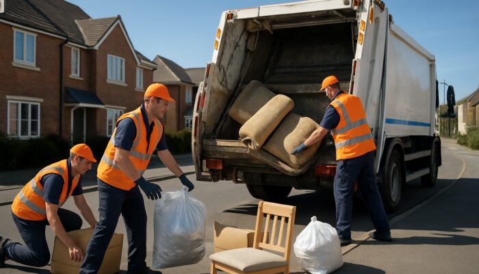 Workers loading household rubbish into branded truck for affordable clearance on Harlow street