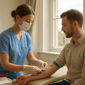Nurse drawing blood for cholesterol test in bright Colchester clinic with historic castle view