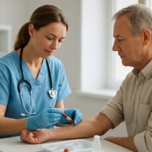 Nurse performing cholesterol blood test on calm patient in bright Colchester clinic