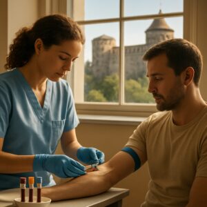 Nurse draws blood for cholesterol test in sunny Colchester clinic with castle view