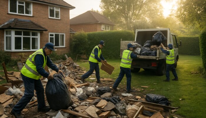 Workers clearing rubbish from cluttered Harpenden house, loading debris into truck to reveal spotless garden.