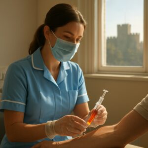 Nurse drawing blood for cholesterol test in sunlit Colchester clinic with castle view