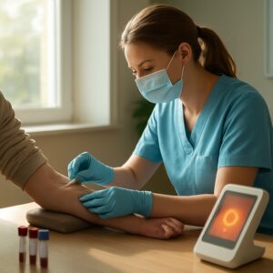 Nurse drawing blood for cholesterol test in sunlit Colchester clinic with glowing results screen