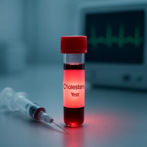 Close-up of cholesterol test blood vial glowing red beside syringe in Colchester clinic