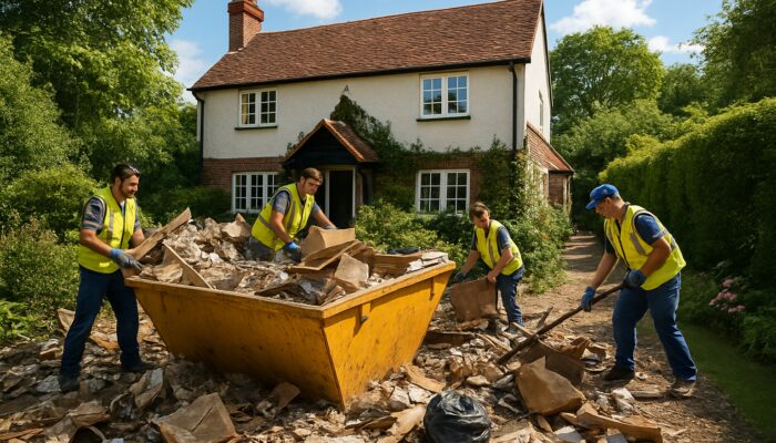 Workers clearing rubbish from Harpenden cottage into yellow skip under sunny skies