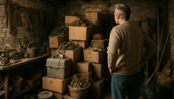 Cluttered British garage with dusty tools, stacked boxes, and homeowner assessing items for clearance.