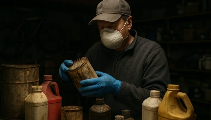 Homeowner in gloves and mask sorting hazardous paint cans and chemicals in cluttered garage