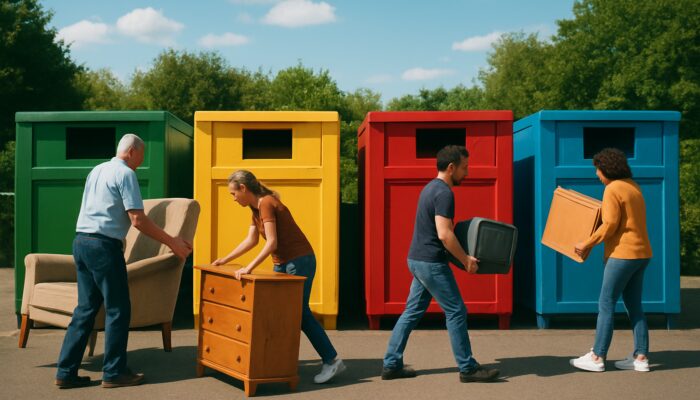 Residents unloading bulky garage waste like furniture and electronics at a sunny UK recycling centre.