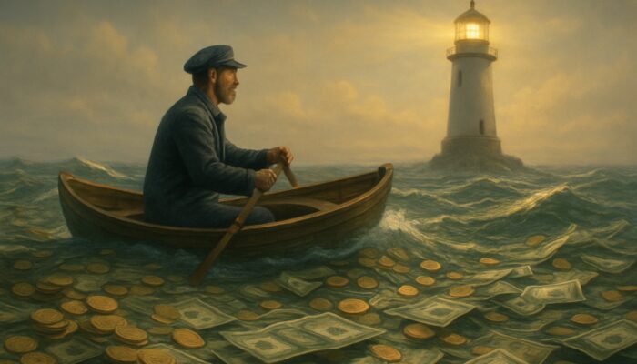 Navigator steering boat through money waves toward credit union lighthouse