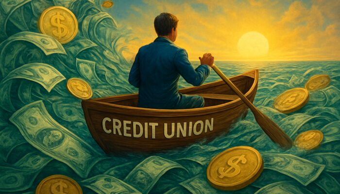 Person steering credit union boat through swirling dollar bills toward golden horizon.