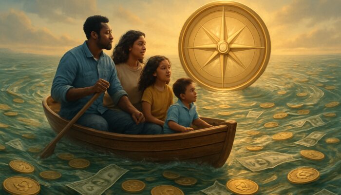 Diverse family steers boat through river of coins guided by credit union compass to financial stability.