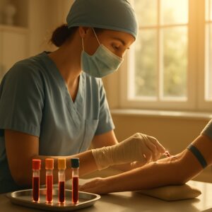 Nurse drawing blood for vitamin test in sunlit Canterbury clinic with labeled tubes on tray
