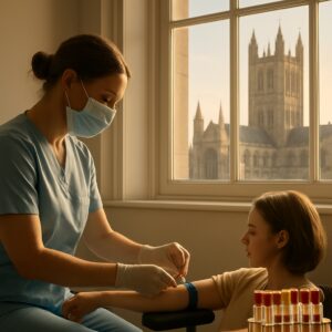 Nurse drawing blood for vitamin deficiency test in sunlit Canterbury clinic with cathedral view