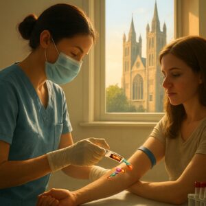 Phlebotomist draws blood with swirling vitamin icons in sunlit Canterbury clinic, cathedral spires visible