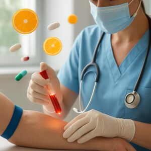Nurse drawing blood into glowing vial with floating vitamin icons in Colchester clinic