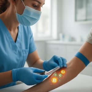 Nurse draws blood for vitamin deficiency test in bright Colchester clinic with vitamin icons