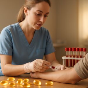 Nurse drawing blood for vitamin test in serene Colchester clinic with glowing capsules and tubes