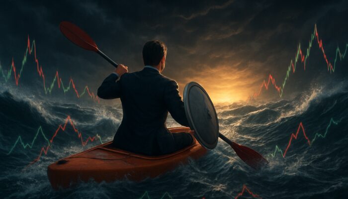 Trader paddling upstream on volatile stock charts against raging market currents toward success.