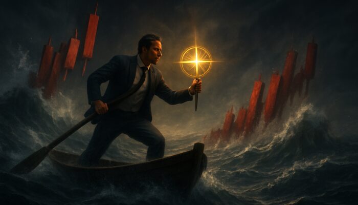 Trader battling red candlestick waves with glowing strategy compass in stormy market sea.