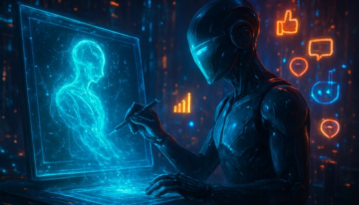 Futuristic AI artist sculpting luminous content on holographic displays amid soaring SEO rankings and engagement icons