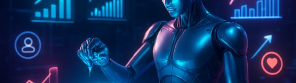 Futuristic AI sculpting digital text on holographic tablets amid SEO charts and engagement metrics in neon cyber studio