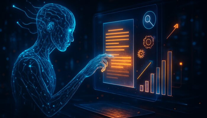 Futuristic AI neural network sculpting raw text into polished articles on holographic screen with SEO keywords and charts.
