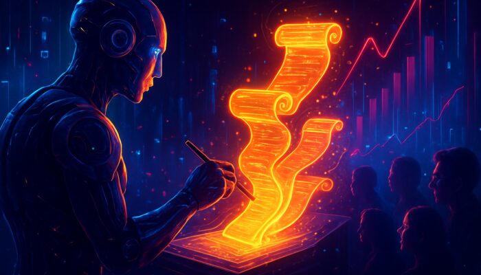Futuristic AI artist sculpting glowing content on digital canvas amid rising SEO charts and engaged audiences in neon cyberpunk style.