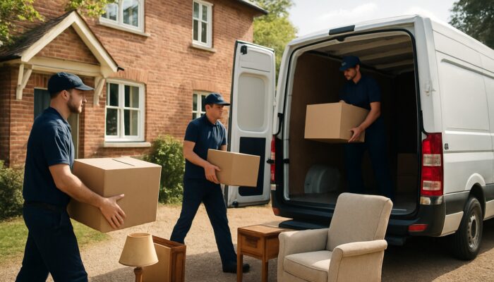 Bexley experts loading boxes into van during calm probate house clearance outside traditional British home