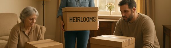 Bexley experts clearing probate house, stacking labeled boxes of furniture in sunlit living room
