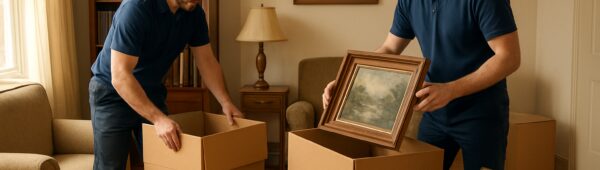 Professional movers clearing vintage furniture and books in cozy Bexley probate home