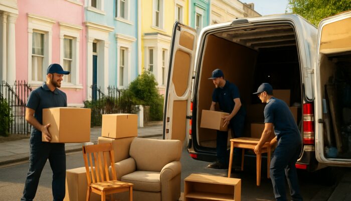 Professional movers clearing cluttered garage in Notting Hill, loading furniture into van with colorful houses behind.