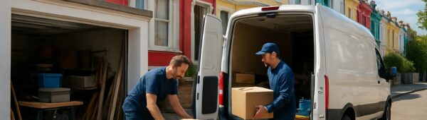 Local experts clearing cluttered Notting Hill garage, loading boxes and tools into van by Victorian townhouses.