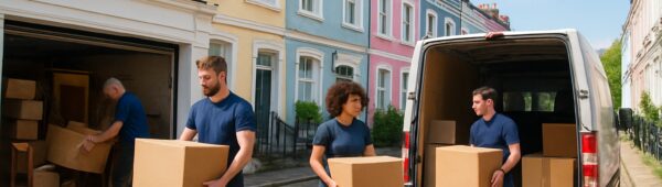 Local experts clearing cluttered garage in Notting Hill, loading furniture into van by Victorian houses.