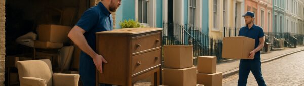 Movers clearing cluttered Notting Hill garage, hauling furniture onto sunlit cobblestone street with Victorian houses.