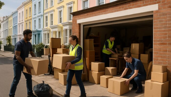 Professionals clearing cluttered garage on sunny Notting Hill street with Victorian houses and sorted piles.