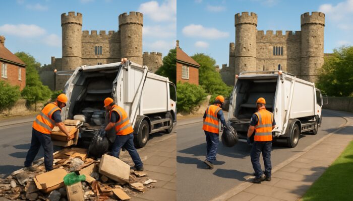 Professional rubbish removal team loading junk into branded van on sunny Maidstone street with castle backdrop
